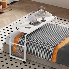 Overbed Table with Wheels, Overbed Desk with Adjustable Length and Height, Rolling Over Bed Desk, King Queen Over The Bed Table on Wheels, Heavy Duty Laptop Table for Hospital and Home (White, 1.2M)