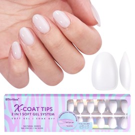 BTArtbox Extra Short Almond Nail Tips, Pack of 150, Soft Gel Full Cover Nail Tips, 2 in 1 XCOATTIPS with Tip Primer Cover, White Press On Nails Tips for Nail Extensions, Nail Art