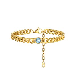 FOCALOOK Crystal Ankle Bracelets for Women March Birthstone Ankle Jewelry Synthetic-Aquamarine Foot Chain Adjustable Stainless Steel Cuban Link Anklets Gold Plated Leg Bracelets
