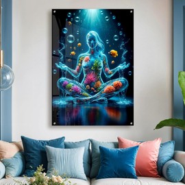 PUREVACY Underwater Goddess Wall Decor for Walls. Ethereal Water Woman Wall Art Decor. Blue Ocean Picture on Acrylic with Coral & Fish Size 50x50 cm / 20x20″