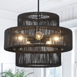 Pavloatu 22" Black Boho Rattan Chandelier Light Fixture Hand Woven Farmhouse Pendant Lighting Rustic Boho Chandeliers for Dining Room Living Room Hallway Foyer 5-Lights