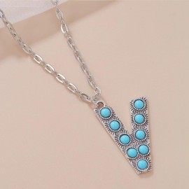 Authentic Turquoise Alphabet Monogram V Stainless Steel Necklace Silver Plated Customize Name Personalized Initial Letter Boho Western Bead Pendant Jewelry for Women Gift Cowgirl Cowboy