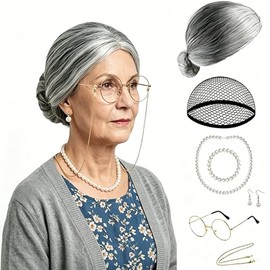 Tovims Old Lady Wig with Gray Bun - Grandma Wigs for Women, Grey Wig and Glasses, Granny Wig Costume Accessories for Dress Up (Grey Bun Wig Set)