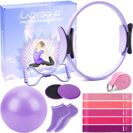 Pilates Ring Set - Home Workout Equipment Set with 12.6'' Magic Circle, 9.8'' Ball, Sliding Disks, Resistance Bands & Training Poster etc, Pilates Kit for Beginners, Fitness Gift Idea