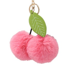 ChungLong0593 Pom Pom Cherry Key Chain Exaggerated Cherry Fruit Key Ring for Women Car Keys Holder Bag Purse-Pink