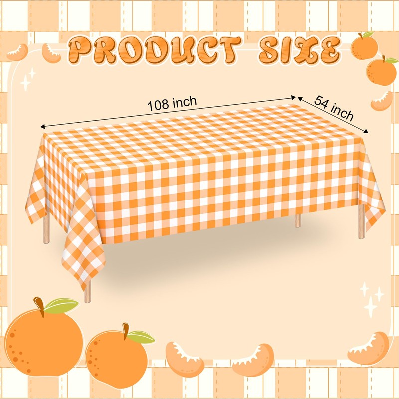 WNINK 2 Pack Orange and White Checkered Rectangular Plastic Tablecloths,