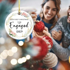First Christmas Engaged Ornament 2023 Round Xmas Ceramic Ornament 1st Year Keepsake for Newlywed Xmas Gift for Couples 1st Anniversary Xmas Hanging Decor 3" Rings