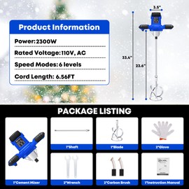 SILVEL Cement Mixer, 2300W Handheld Electric Concrete Mixer, Portable Mortar Mixer with 6 Adjustable Speed, 110V Mud Mixer for Mixing Mud, Cement, Mortar, Paint, Fodder