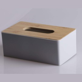 Tissue Box with Bamboo Wood Lid, Rectangular Tissue Dispenser Box, Plastic Tissue Box for Bathroom, Car, Office, 21.5x12x8.5cm (Grey)