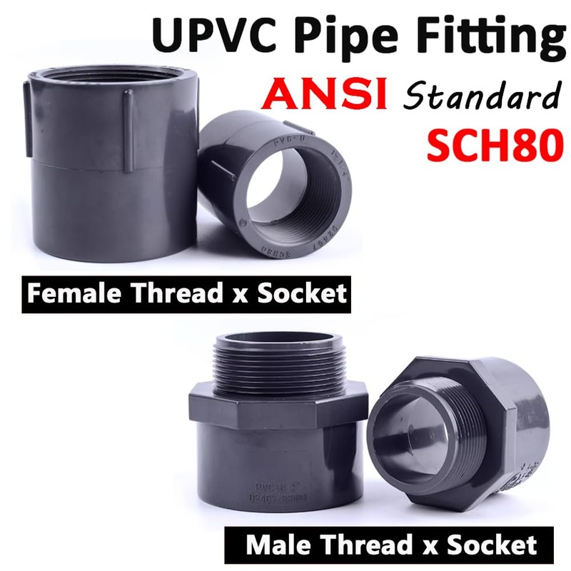 UPVC Pipe Threaded Connector, Industrial Grade ANSI SCH80 Gray U-PVC