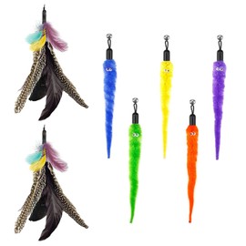 FYNIGO Cat Toys for Indoor Cats Kitten,Cat Teaser Wand Toy Replacement Refills,Cat Feather Toy Accessories,5 Colorful Worms and 2 Natural Bird Feather Refills