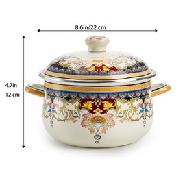 ZENFUN Kitchen Enamel Stockpot with Lid, 3.5 Quart Retro Flower Stew Bean Cooking Pot, Vintage Thicken Soup Pot with Handles, Nonstick, Safe for Induction Cookers, Gas Stove