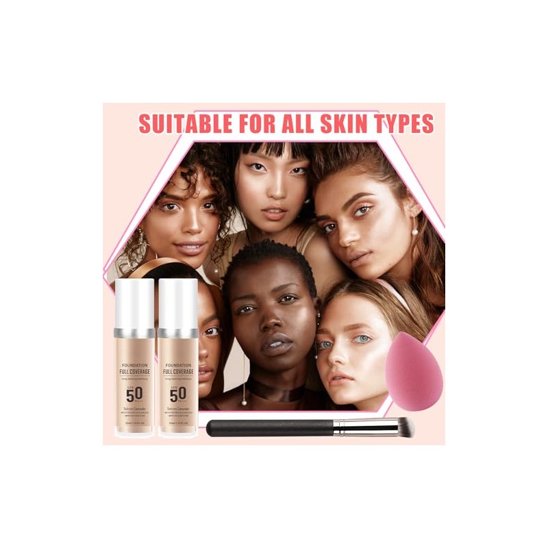 Set Bases Maquillaje Color Natural Brocha Esponja Fps Control Grasa