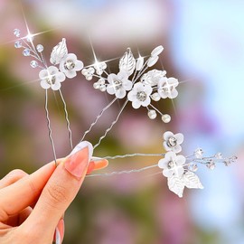 Unicra Flower Bridal Hair Pins Leaf Wedding Hairpiece Silver Rhinestone Hair Clips Pearl Hair Accessories for Women and Brides (Pack of 3) (Silver, One Size)