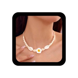 Andelaisi Boho Shell Choker Necklace Vintage Flower Woven Rope Necklace White Polymer Clay Flower Necklaces Adjustable Seashell Braided Collar Necklaces Jewelry for Women