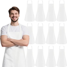 PIEMEET 12Pcs Bib Apron, White Aprons Bulk, Unisex Aprons with Extra Long Ties, Kitchen Blank Apron for Cooking Chef, Machine Washable, 27.9 x 31.8 inch