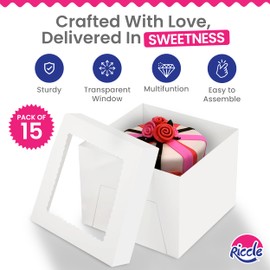 RICCLE 15pcs Cake Boxes, 10x10x8 Inches Tall Cake Box with Window, Large White Bakery Boxes, Baking Boxes, Square Cardboard Cake Box for Multi-Layer Cakes, Cake Decorating Supplies, Valentines Day