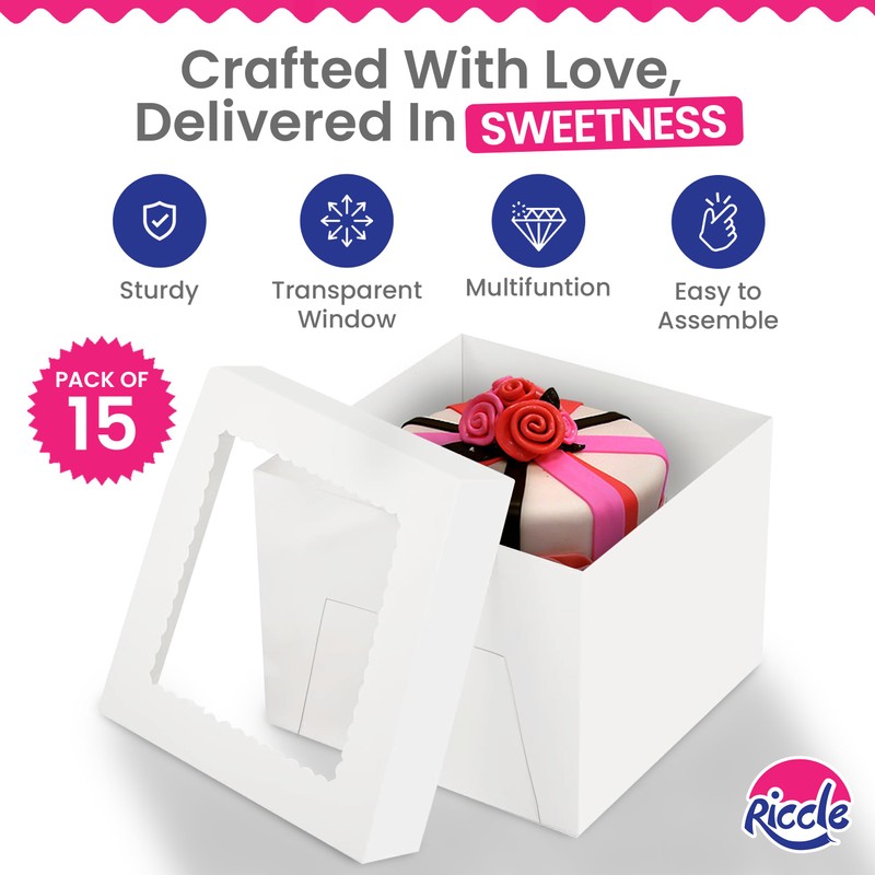 RICCLE 15pcs Cake Boxes, 10x10x8 Inches Tall Cake Box with