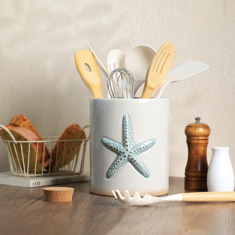 Bicuzat Ceramic Starfish Embossed Utensil Holder, Large Cooking Utensil Crocks