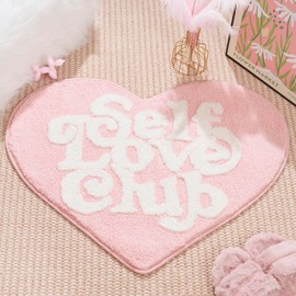 ELDONE Self Love Club Rug Heart Shaped - 37" x 29" Cute Bath Mat Non Slip, Funky Aesthetic Groovy Small Accent Rugs for Bedroom Bathroom, Girls Preppy Room Decor, Pink and White Heart Rug