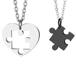 Rofusn 2PCS Heart Puzzle Pieces Matching Pendant Necklaces for Couples, Stainless Steel Couples Necklaces Valentines Jewelry,18"/21" Chain-Black/Silver