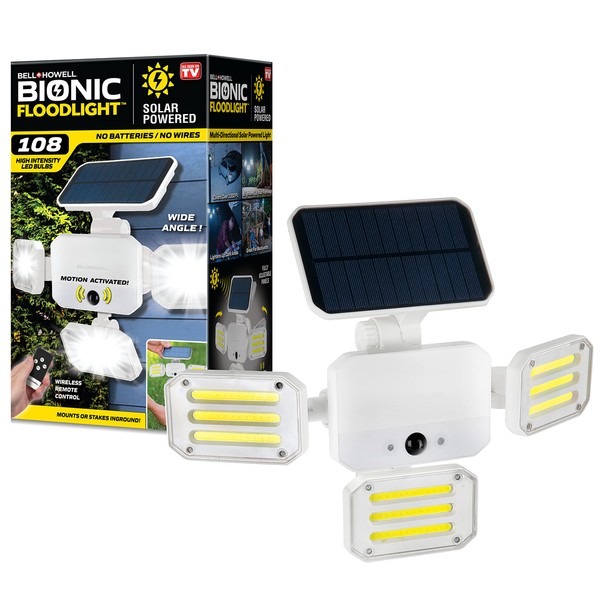 Bell+Howell Bionic Floodlight White Solar Lights Outdoor Motion Sensor LED Outdoor Lights Swiveling Light 108 High Power LED Bulbs in Adjustable Panels Waterproof for Garden Patio As Seen On TV