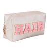 Preppy Patch Makeup Bag,Travel Cosmetic Bags PU Leather Portable Waterproof Toiletry Storage Case with Chenille Letter Zipper Daily Use Pouch for Women,Pearl Beige Hair