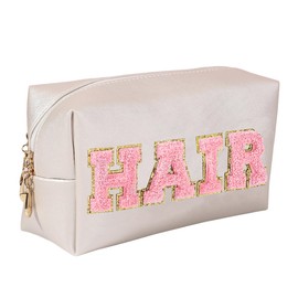 Preppy Patch Makeup Bag,Travel Cosmetic Bags PU Leather Portable Waterproof Toiletry Storage Case with Chenille Letter Zipper Daily Use Pouch for Women,Pearl Beige Hair