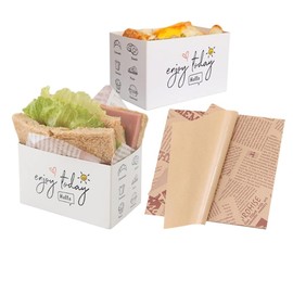 50 Pack Paper Take Out Containers,Mini Burger Boxes,Sandwich Take Out Boxes with 50 Sheets of Oil Paper for Restaurant, Picnic and Party Food Containers (C)