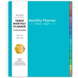2026-2029 Monthly Planner/Calendar - 3 Year Monthly Planner 2026-2029, Jul.2026 - Jun.2029, 9" x 11", 36-Month Calendar + Colorful Tabs + Pocket - Teal