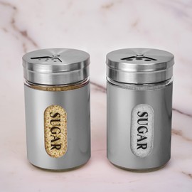 STJKBDFC Sugar Shaker Duster Stainless Steel and Glass Set with Adjustable Pour Holes Cinnamon Shaker For Coffee Bar,set of 2 (silvery)