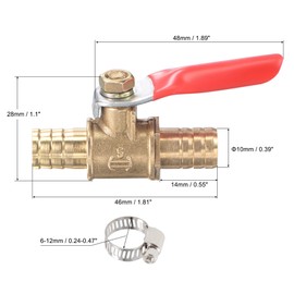 sourcing map Brass Air Ball Valve Shut Off Switch 10mm Hose Barb to 10mm Hose Barb with Clamps Red Handle