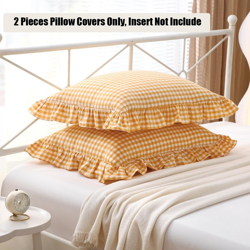 Mywinlle Yellow/White Plaid Ruffle Pillow Shams Standard Size Set of