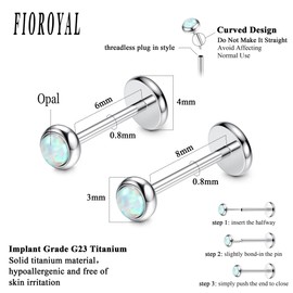 FIOROYAL G2 Titanium Lip Piercing 16G 20G Nose Piercing Threadless Push In Medusa Piercing 3 mm CZ Opal Flat Piercing Ear 6/8 mm Helix Piercings Silver Helix Conch Labret Tragus Piercing Plug,