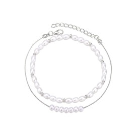 Rrdaily Boho Pearl Ankle Bracelet for Women, Silver Double Layered Pearl Beaded Anklet Beach Foot Chain Jewelry Gifts (Style-A)
