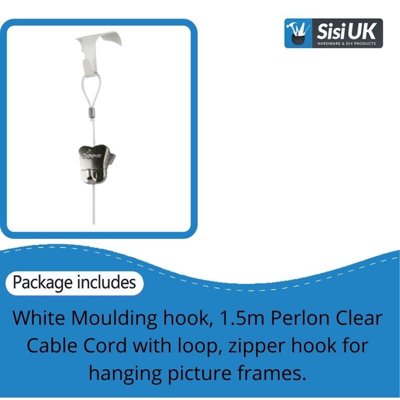 White Moulding Hooks for Picture Hanging with Perlon Clear Cable