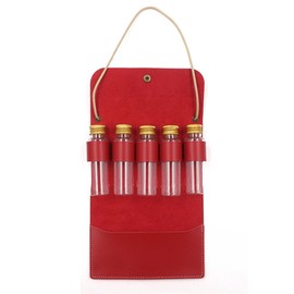 BY-J Portable Spice Bag for Travel, Camping Spice Kit with 5 Jars, Foldable Genuine Leather Spice Holder Seasoning Storage Bag, Condiment Container Set for Outdoor Picnic BBQ, Red