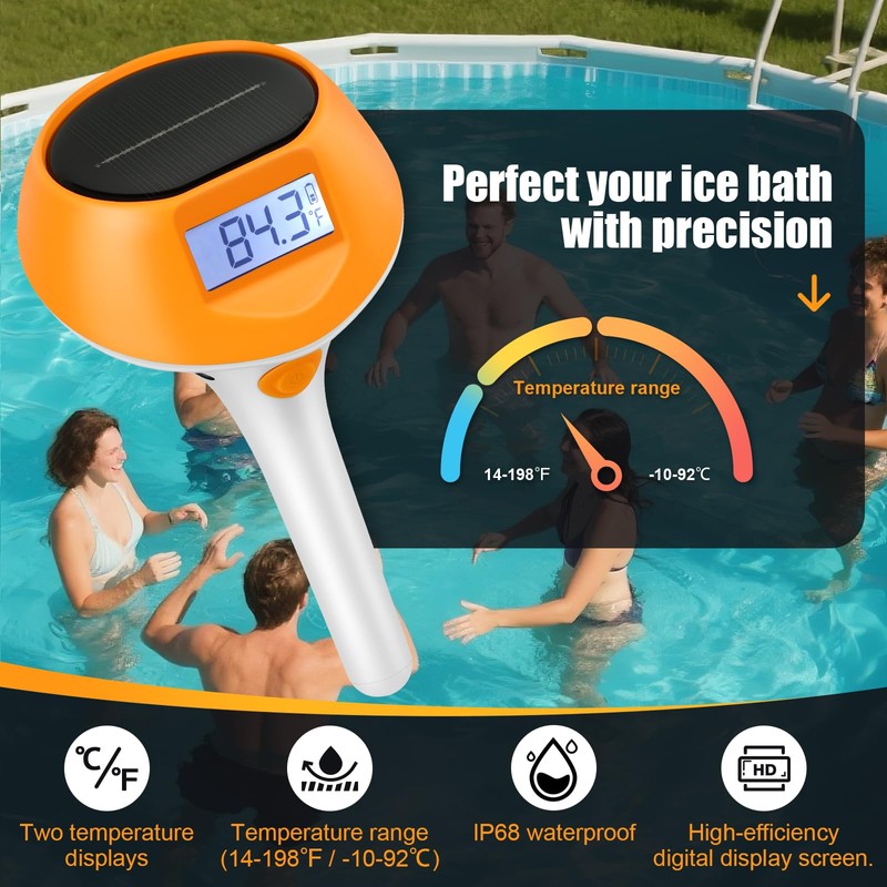 Upgraded Solar-Powered Digital Pool Thermometer Floating Pool Lights with Backlit