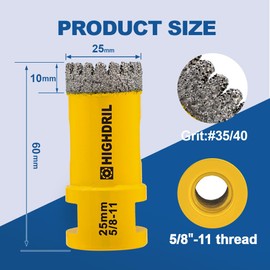 HIGHDRIL Diamond Core Drill Bit - 1"(25mm) with 5/8-11 Thread Dry Drilling Hole Saw for Porcelain Tile Ceramic Granite Marble Stone Masonry Brick (Serrated Blade)