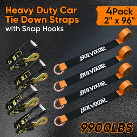 Bolvixor 4 Pack Car Tie Down Straps for Trailers - 2" x 96" - 9900LBS Break Strength - Tire Ratchet Strap with Snap Hooks - Adjustable Wheel Straps for Hauling UTV, SUV, Truck, Any Cars