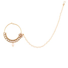 I Jewels Womens 18K Gold Plated Indian Wedding Bollywood Ethnic Bridal Nose Ring/Nath Without Piercing With Pearl Chain Encased With Pearl Stone (Nl37W) White