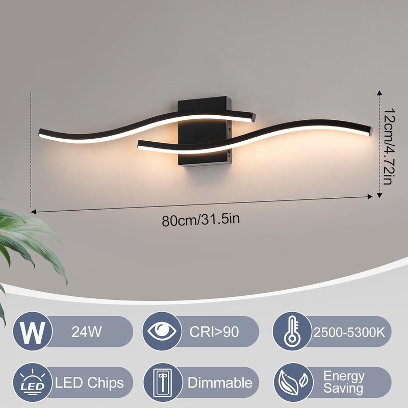 Black Curved Bathroom Vanity Light Fixture Over Mirror, 31.5 inch