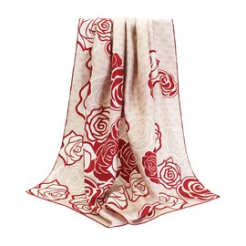 ANDANTINO 100% Pure Mulberry Silk Scarf 35" Large Square Lightweight Headscarf –Women’s Hair Wraps-With Gift Packed(Red&White Roses-Twill)
