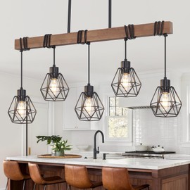 5-Light Kitchen Island Lighting, Farmhouse Linear Chandelier Dining Room Light Fixture Over Table, Wood Ceiling Pendant Light Fixtures with Metal lampshade