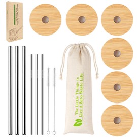 CNVOILA Bamboo Lids for Beer Can Glass, Regular Mouth Mason Jar Lids Mason Jar Lids With Straw Hole, & 3 Stainless Steel Boba Straw & 3 Stainless Steel Thin Straw - 6 Pack Set