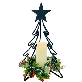 Boxwood and Mum Handmade Christmas Tree Candle Holder, Home Decor Metal Candle Holder Stand, Christmas Decorations for Home, Window Display, and Table Centerpieces, Great for LED and Scented Candles