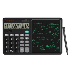 Desk Calculator with Pull - Out Stylus, 12 - Digit Wide Screen & 100,000+ Reusable Writing Pad, One - Click Clear/Lock, Solar & Battery Dual Power, Portable for School Office Business (Black)