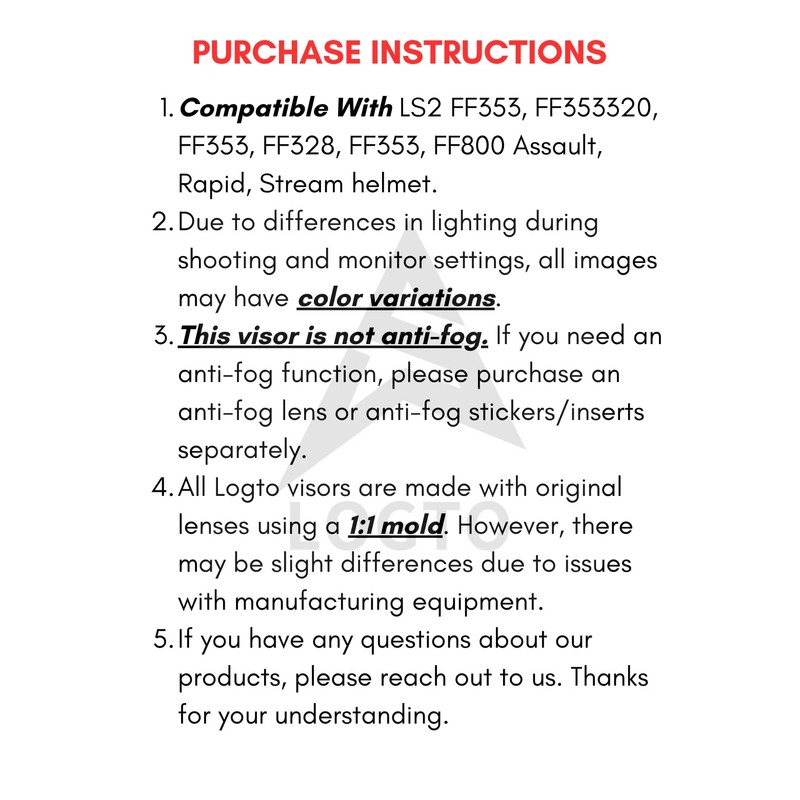 Logto Compatible with LS2 FF353/320/328/800 Helmets Visor Tint Replacement Motorcycle