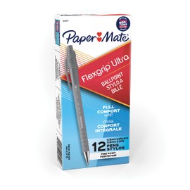 Paper Mate Flexgrip Ultra Ballpoint Pen, Retractable, Fine 0.8 Mm, Black Ink, Gray/Black Barrel, Dozen