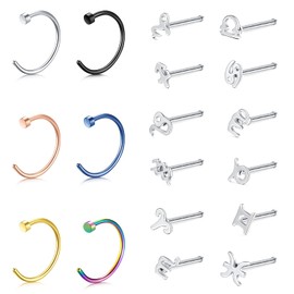 LAURITAMI Nose Piercing Spiral Nose Stud L Shaped Screw Set 20G Stainless Steel Nose Ring Nostril Piercing Silver Diamond, Stainless Steel